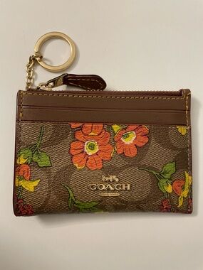 COACH Floral Signature Brown Card Case  with Coin Purse and Key holder